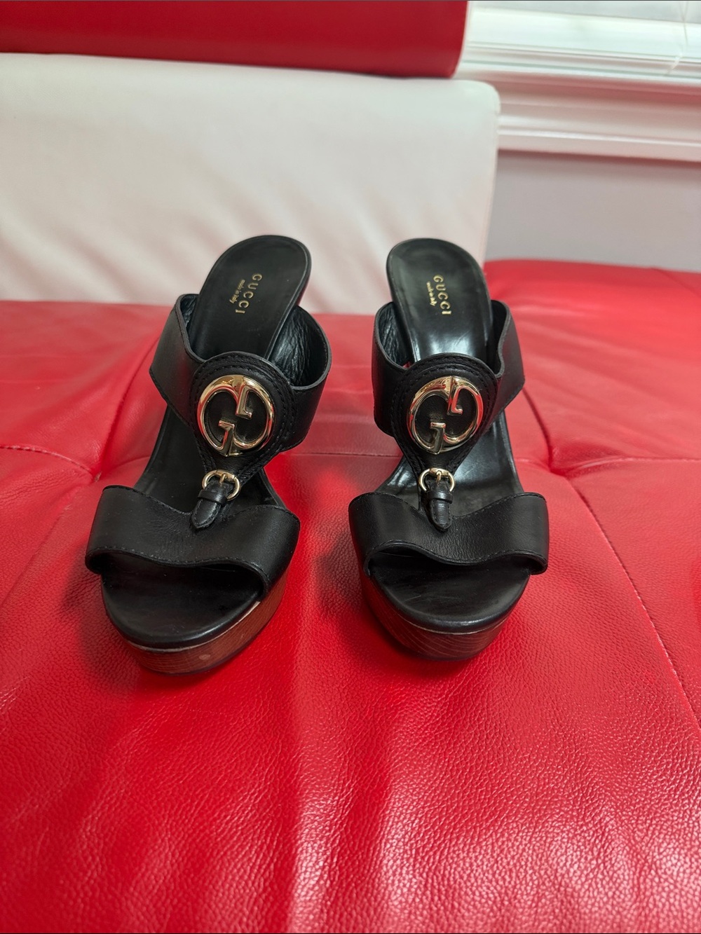 Gucci Black Leather Platform Mules with Gold Double-G Accent
